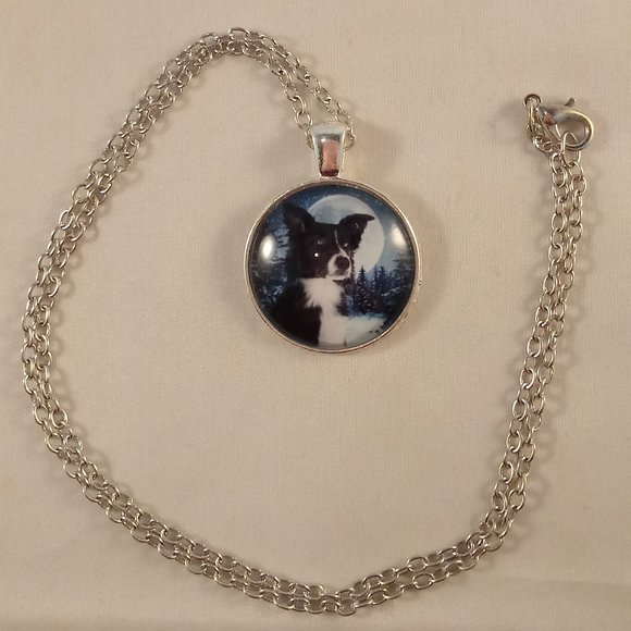 Silver Puppy Dog Border Collie Trees Moon Star Cabochon Pendant Necklace 20" - Picture 3 of 3